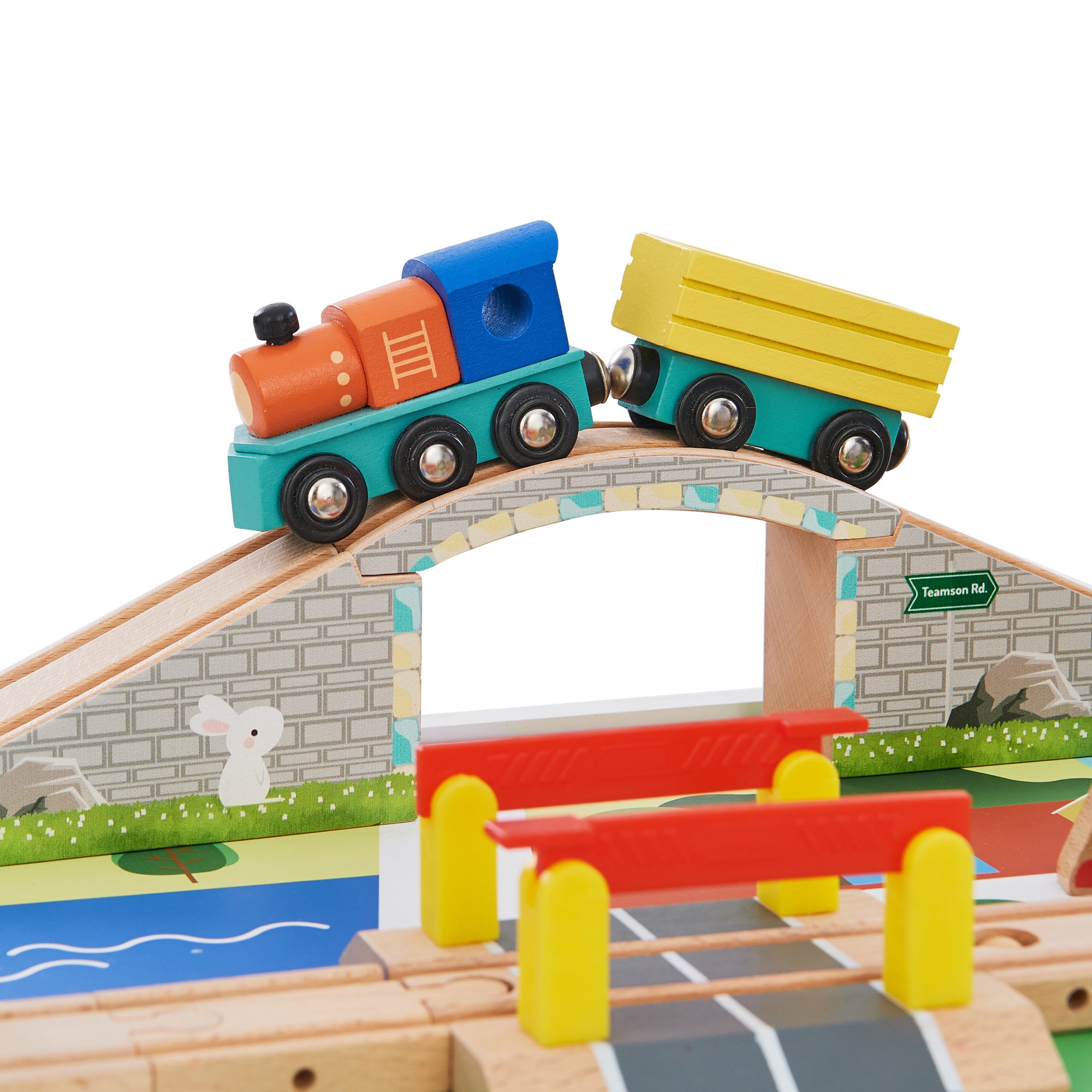 Teamson Kids Large Wooden Train Set with 85 Accessories, Table