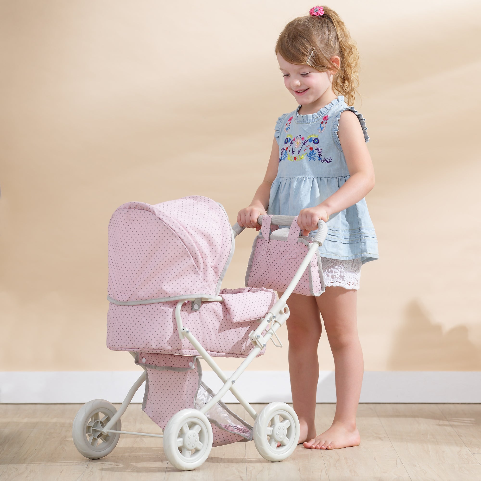 Olivia's Little World Buggy-Style Doll Pram with Canopy, Pink/Grey
